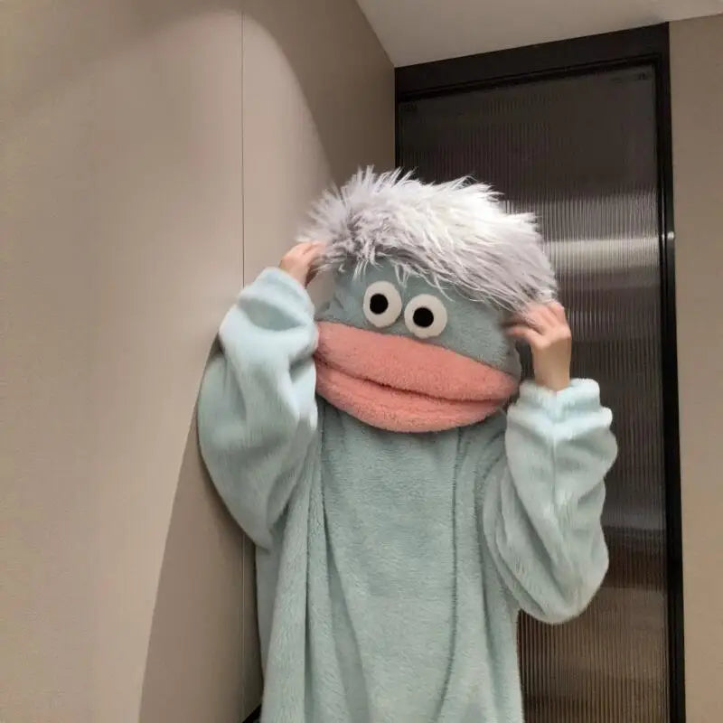 Cartoon Pajamas Autumn Winter Couple Set Wacky Bodysuit Have Hair Big Mouth Monster Hooded Homewear Girl Cute Keep Warm Pajamas