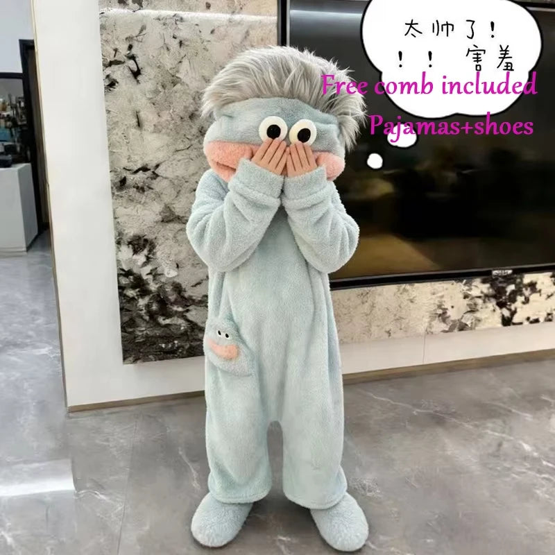 Cartoon Pajamas Autumn Winter Couple Set Wacky Bodysuit Have Hair Big Mouth Monster Hooded Homewear Girl Cute Keep Warm Pajamas
