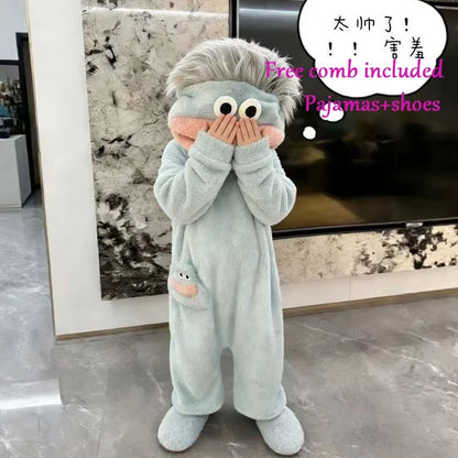 Cartoon Pajamas Autumn Winter Couple Set Wacky Bodysuit Have Hair Big Mouth Monster Hooded Homewear Girl Cute Keep Warm Pajamas