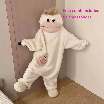 Cartoon Pajamas Autumn Winter Couple Set Wacky Bodysuit Have Hair Big Mouth Monster Hooded Homewear Girl Cute Keep Warm Pajamas