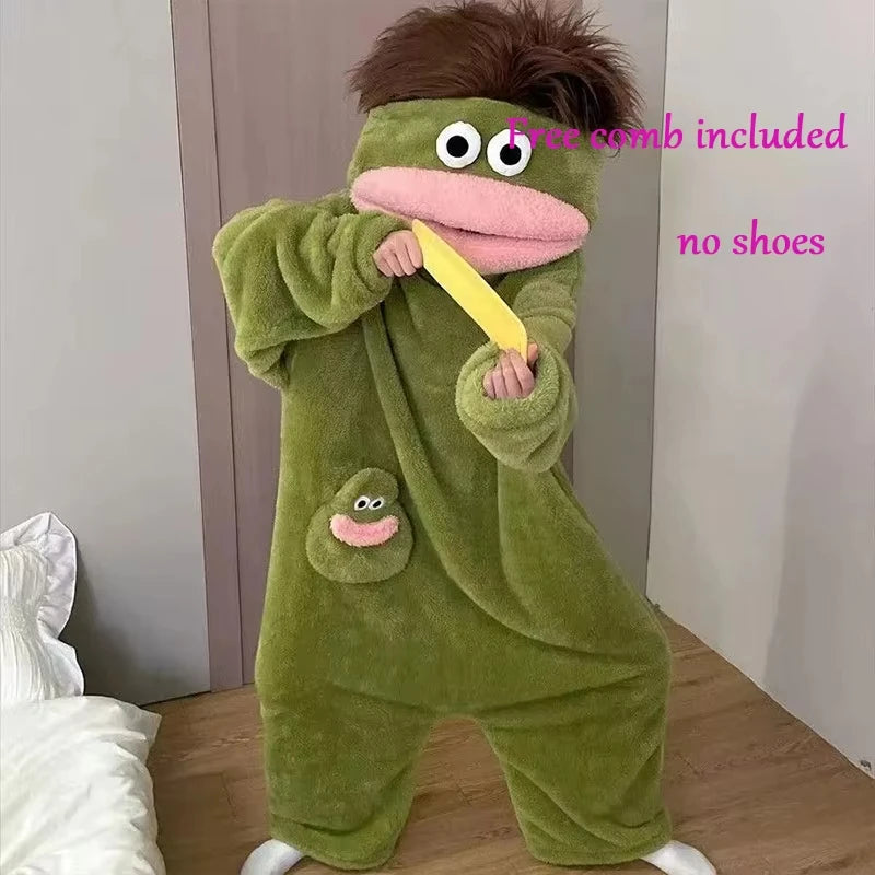Cartoon Pajamas Autumn Winter Couple Set Wacky Bodysuit Have Hair Big Mouth Monster Hooded Homewear Girl Cute Keep Warm Pajamas