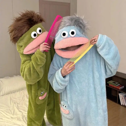 Cartoon Pajamas Autumn Winter Couple Set Wacky Bodysuit Have Hair Big Mouth Monster Hooded Homewear Girl Cute Keep Warm Pajamas