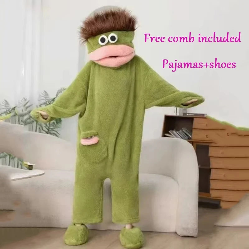 Cartoon Pajamas Autumn Winter Couple Set Wacky Bodysuit Have Hair Big Mouth Monster Hooded Homewear Girl Cute Keep Warm Pajamas