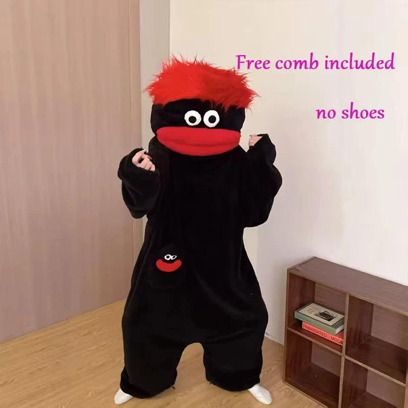 Cartoon Pajamas Autumn Winter Couple Set Wacky Bodysuit Have Hair Big Mouth Monster Hooded Homewear Girl Cute Keep Warm Pajamas