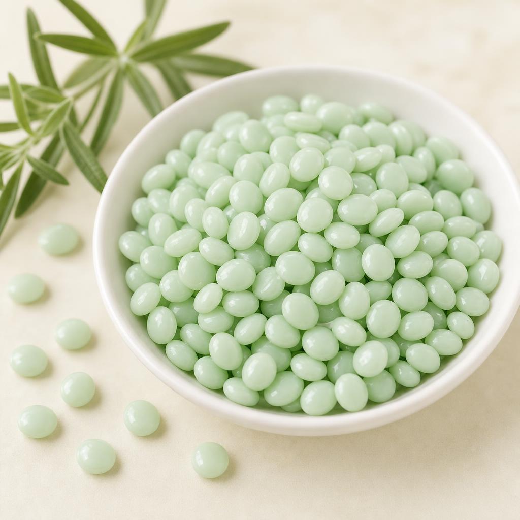 Perlas de cera de aloe verde en un cuenco