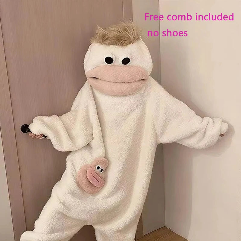 Cartoon Pajamas Autumn Winter Couple Set Wacky Bodysuit Have Hair Big Mouth Monster Hooded Homewear Girl Cute Keep Warm Pajamas