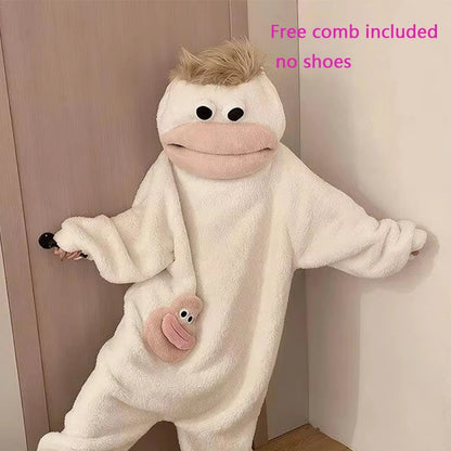 Cartoon Pajamas Autumn Winter Couple Set Wacky Bodysuit Have Hair Big Mouth Monster Hooded Homewear Girl Cute Keep Warm Pajamas