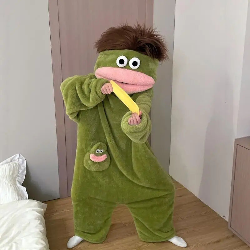 Cartoon Pajamas Autumn Winter Couple Set Wacky Bodysuit Have Hair Big Mouth Monster Hooded Homewear Girl Cute Keep Warm Pajamas