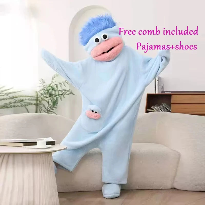 Cartoon Pajamas Autumn Winter Couple Set Wacky Bodysuit Have Hair Big Mouth Monster Hooded Homewear Girl Cute Keep Warm Pajamas