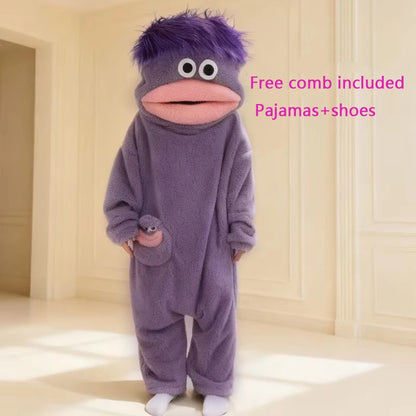 Cartoon Pajamas Autumn Winter Couple Set Wacky Bodysuit Have Hair Big Mouth Monster Hooded Homewear Girl Cute Keep Warm Pajamas