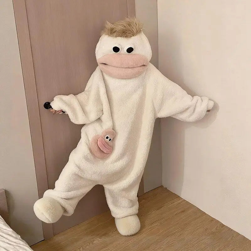 Cartoon Pajamas Autumn Winter Couple Set Wacky Bodysuit Have Hair Big Mouth Monster Hooded Homewear Girl Cute Keep Warm Pajamas