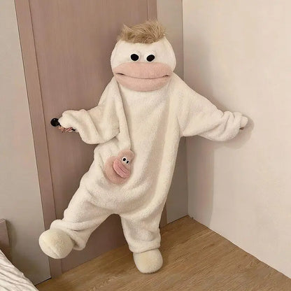 Cartoon Pajamas Autumn Winter Couple Set Wacky Bodysuit Have Hair Big Mouth Monster Hooded Homewear Girl Cute Keep Warm Pajamas