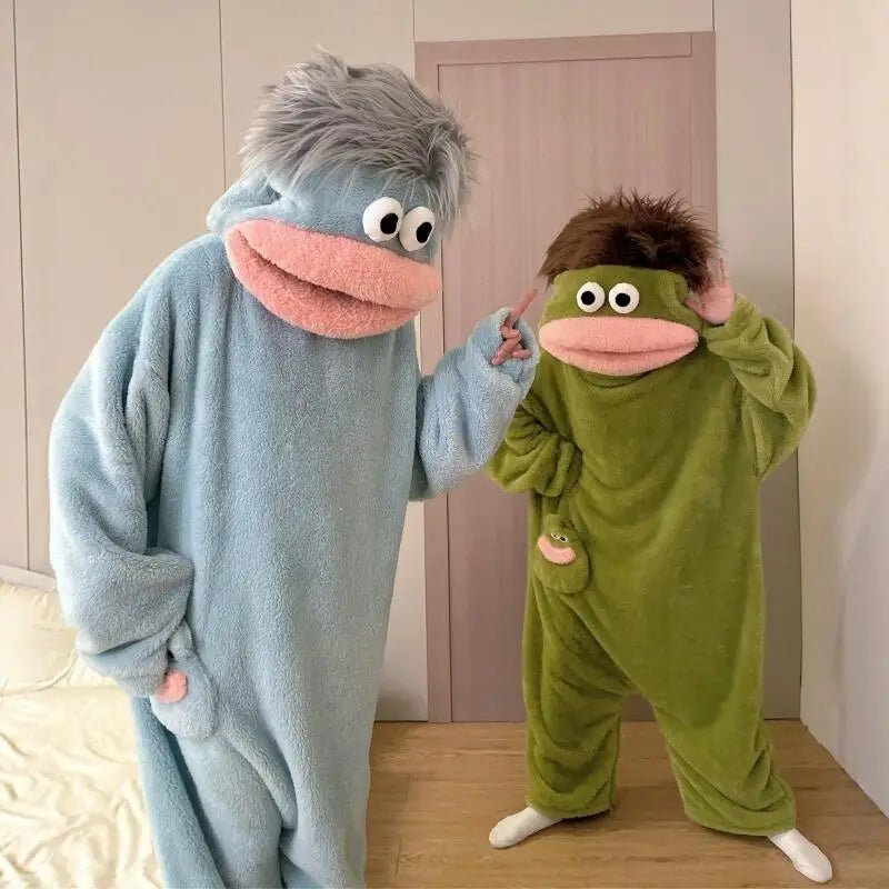 Cartoon Pajamas Autumn Winter Couple Set Wacky Bodysuit Have Hair Big Mouth Monster Hooded Homewear Girl Cute Keep Warm Pajamas