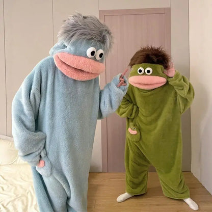 Cartoon Pajamas Autumn Winter Couple Set Wacky Bodysuit Have Hair Big Mouth Monster Hooded Homewear Girl Cute Keep Warm Pajamas